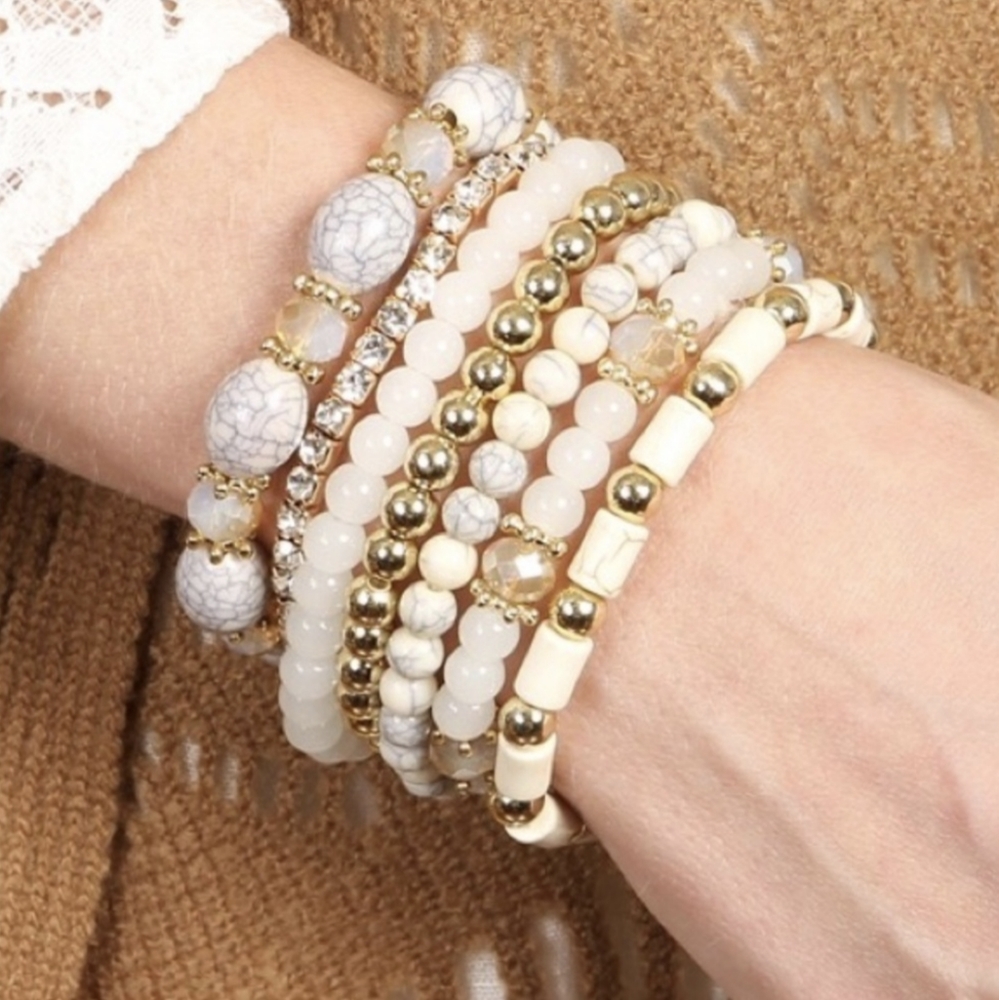 Last 2! Cream and Gold Toned Stacking Bracelets w/Natural Howlite Oval Stones